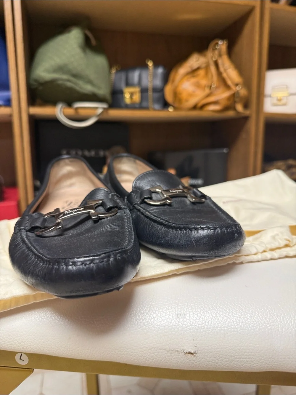 Salvatore Ferragamo Black Leather Bit Loafers with Gold-Tone Hardware